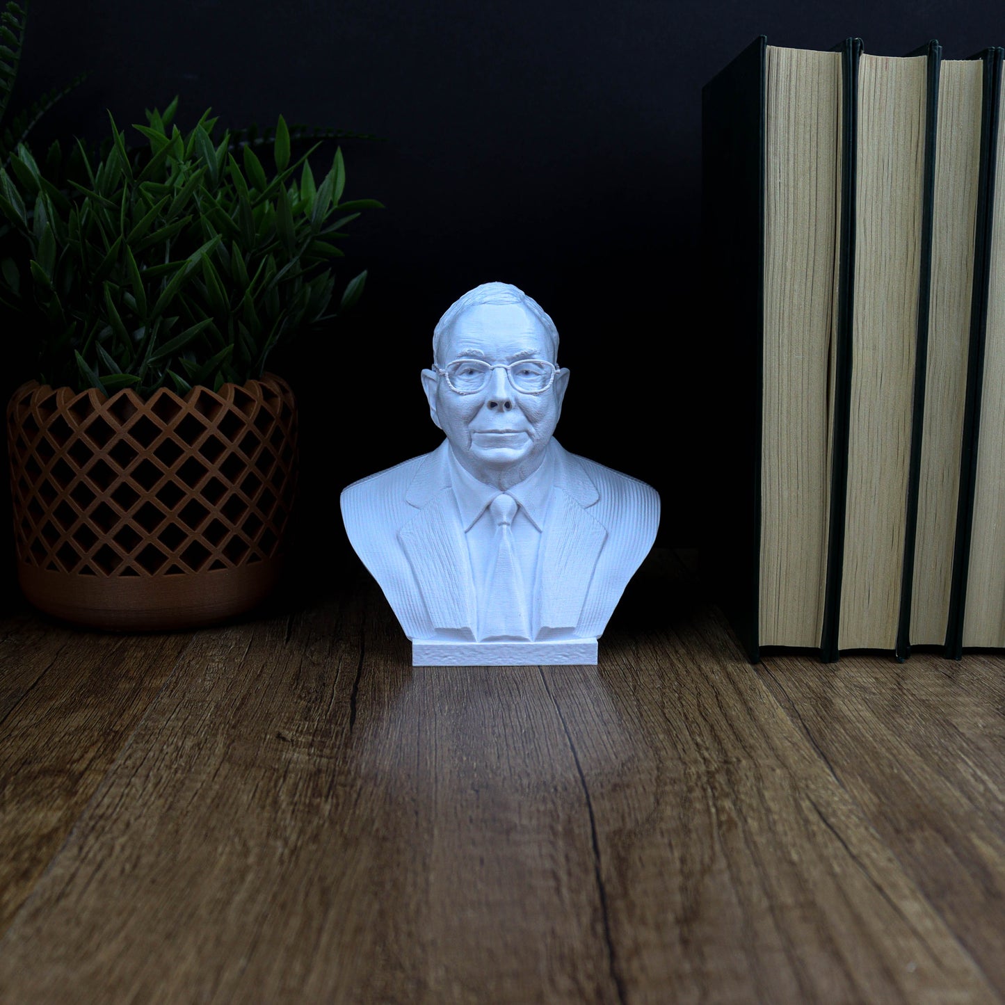 A white bust of a man is displayed on a wooden surface, surrounded by a potted plant and a stack of books.