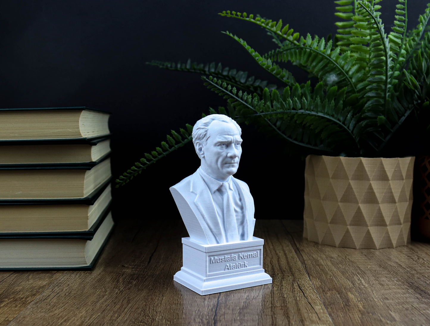 A white bust of a man is displayed on a wooden surface, surrounded by books and a potted plant.