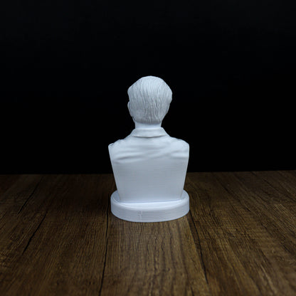 A white bust of a person is sitting on a wooden surface against a black background.