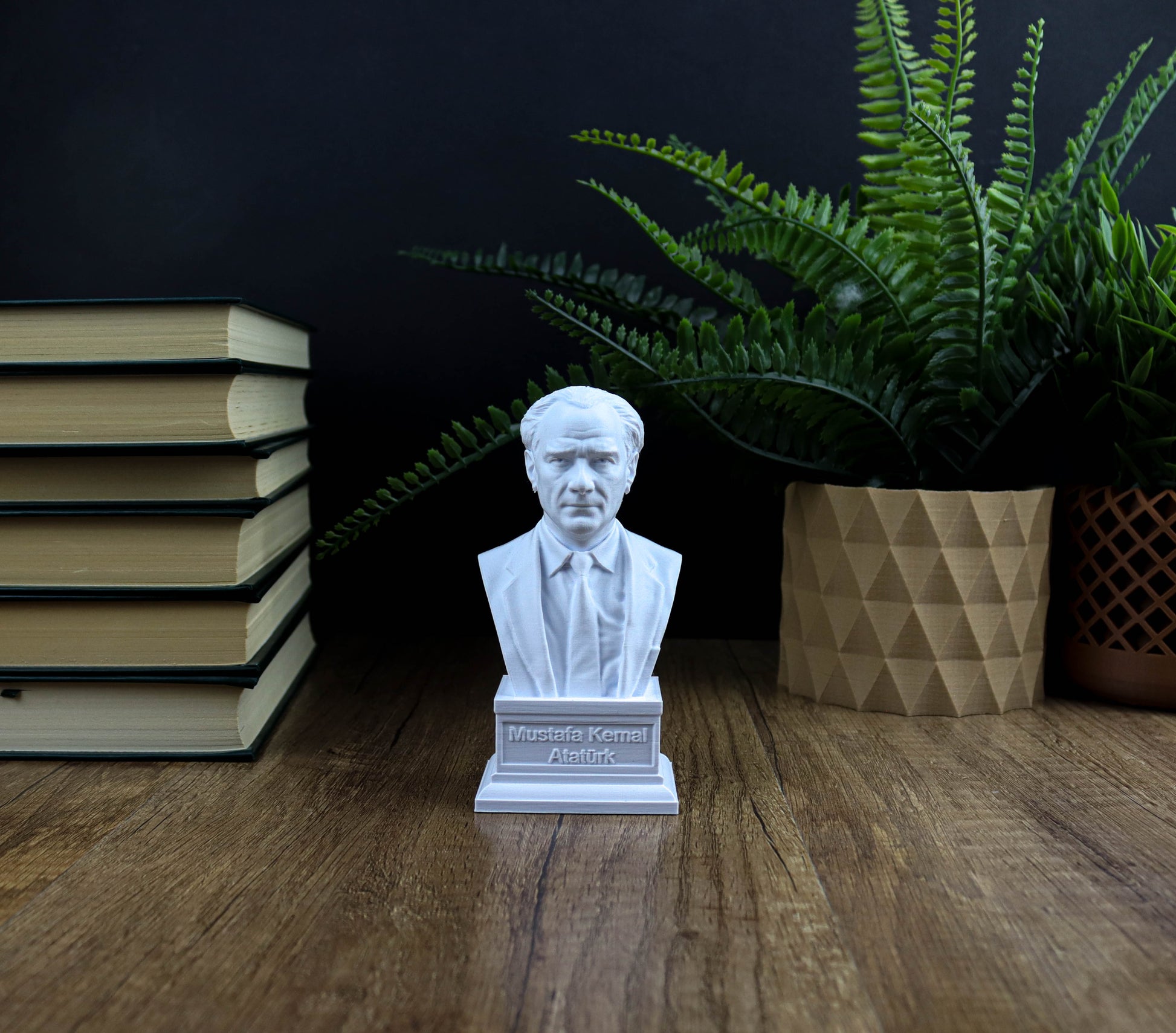 A white bust of a man is displayed on a wooden surface, surrounded by stacks of books and a potted plant.