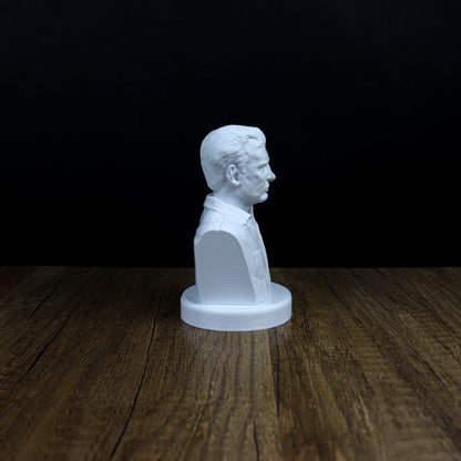 A white bust of a man's head is displayed on a wooden surface against a dark background.